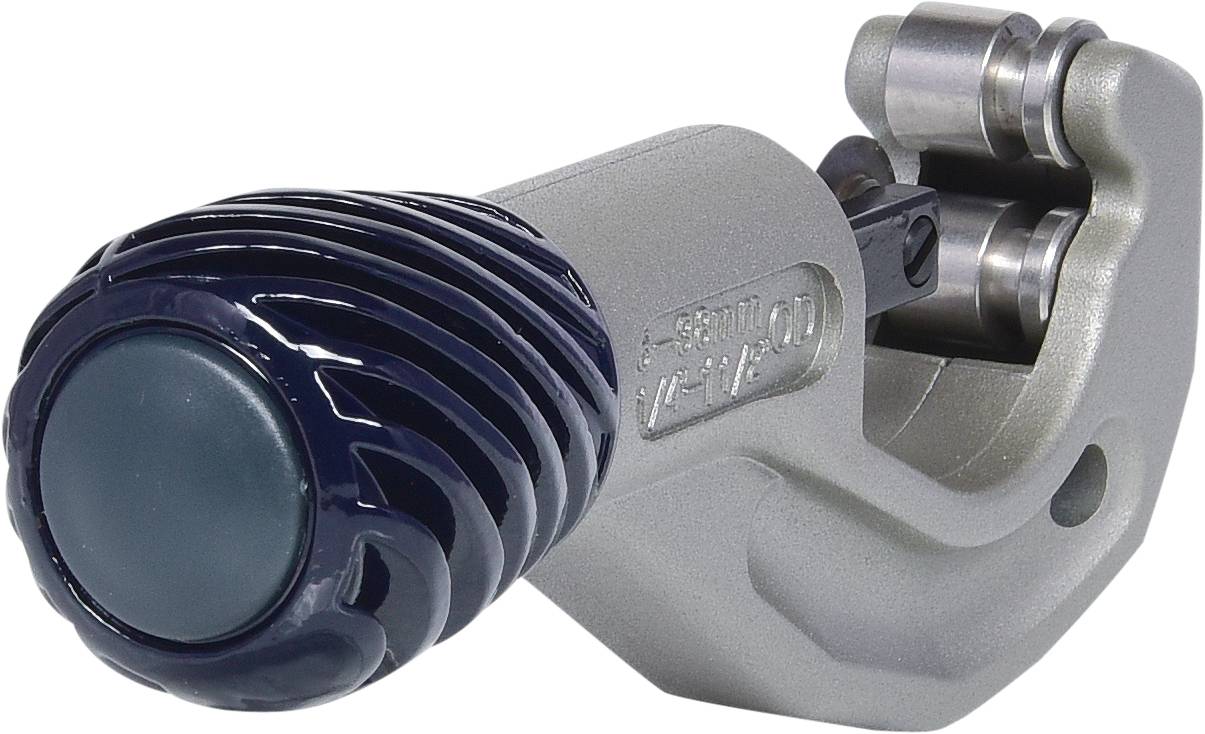 A silver pipe cutter with a black, ribbed handle and a sharp blade for cutting metal or plastic pipes.