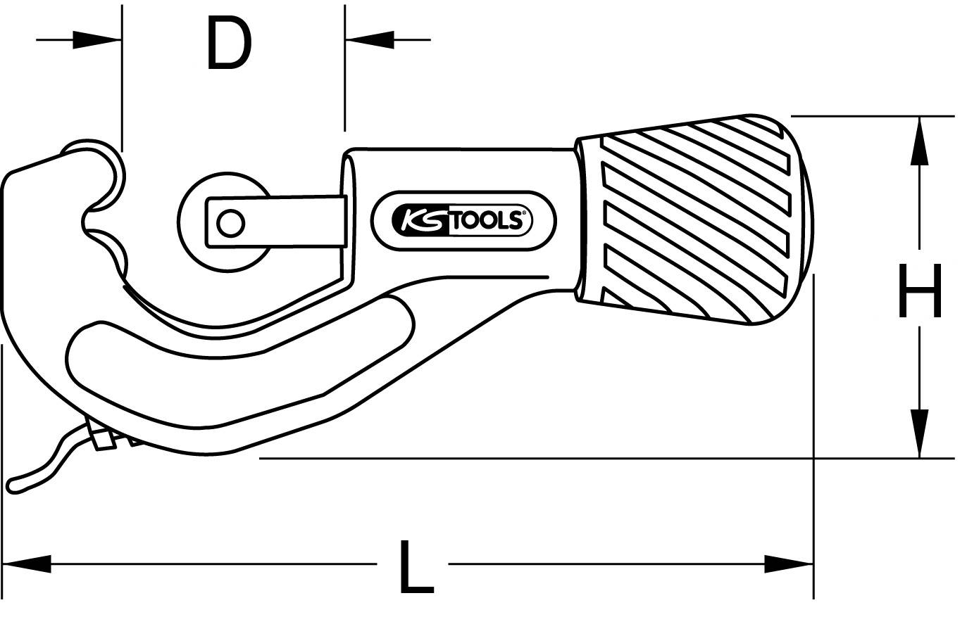 Drawing of a pipe cutter with measurement markings of 'D', 'H', and 'L'. Handle is knurled, 'KS Tools' brand is visible.