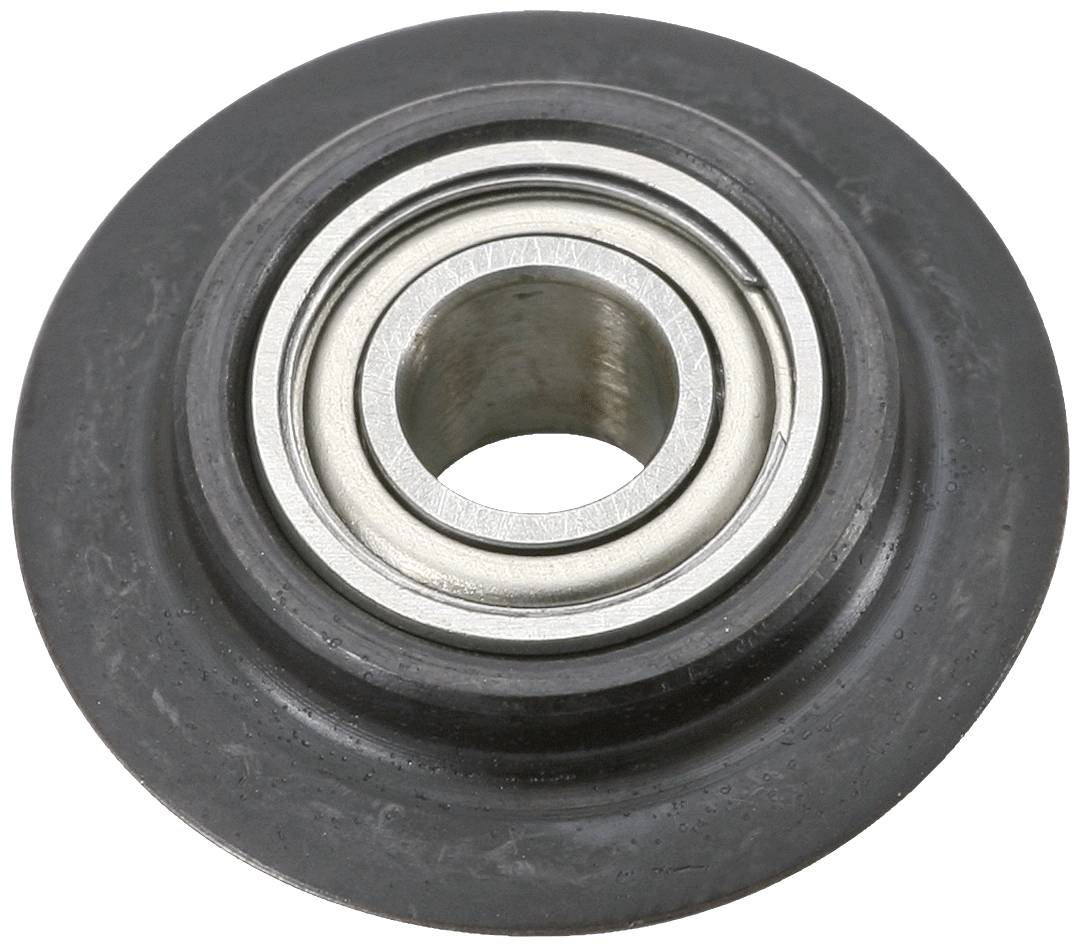 Metal ball bearing with a black outer ring, central hole, and shiny, silver surface.