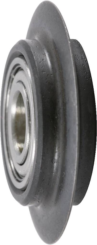 A single ball bearing with a black disc and silver inner ring. It is upright and shows the edges of the bearing.