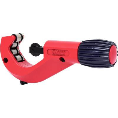 A red pipe cutter with a black handle and three visible cutting wheels. Suitable for cutting pipes.