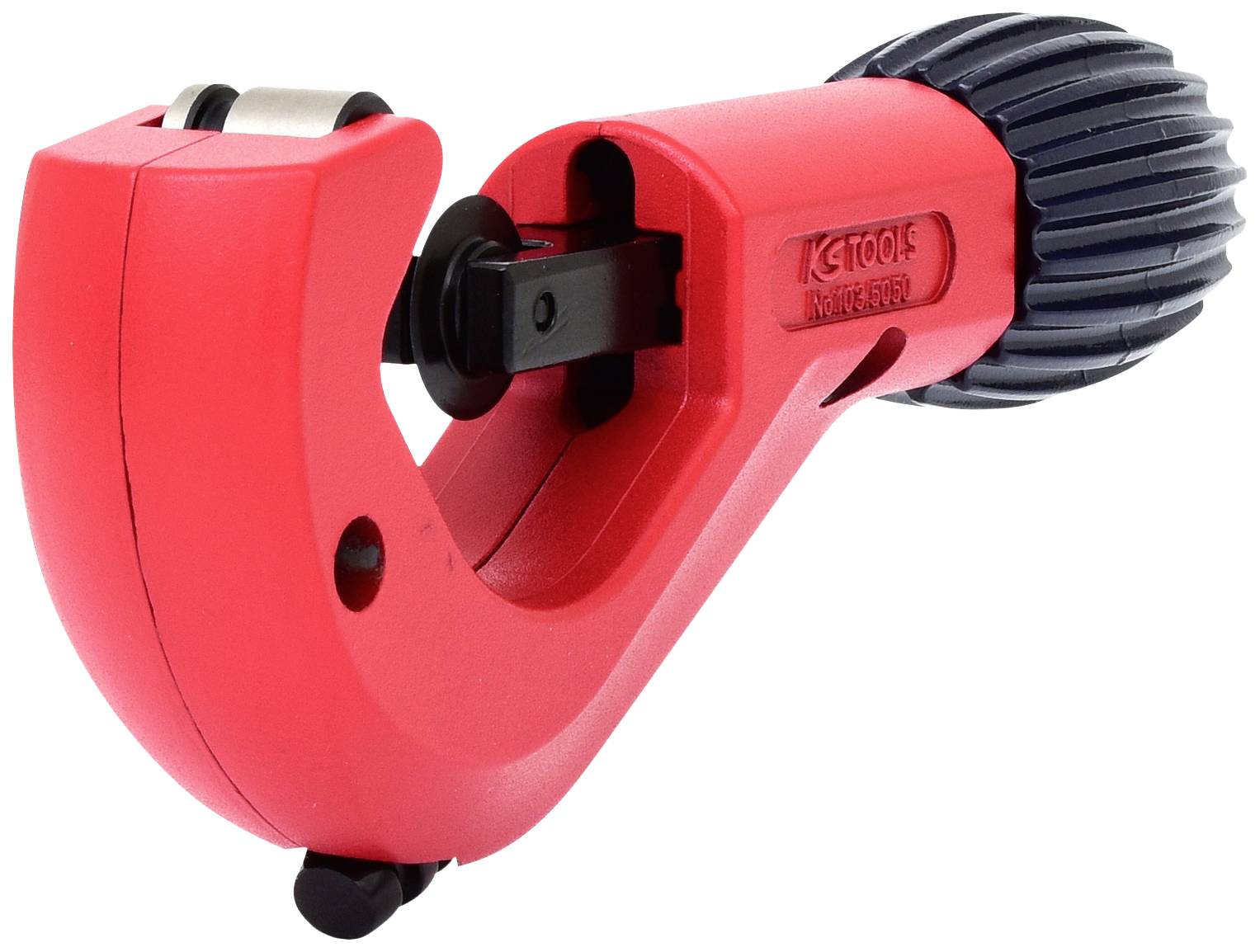 A red and black pipe cutter with adjustable blade for precise pipe cutting.