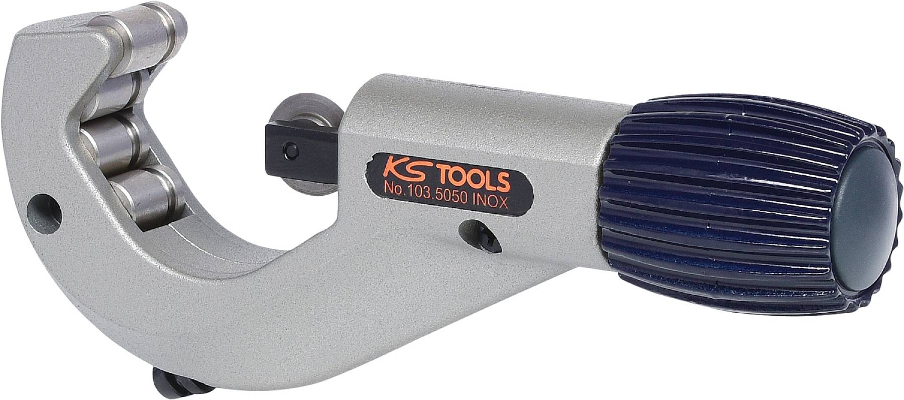 Stainless steel pipe cutter with blue handle, suitable for cutting pipes. Brand inscription on the tool body.
