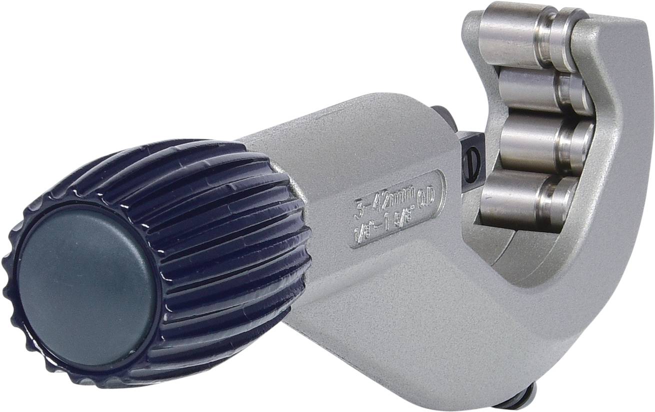 A pipe cutter with a rotatable handle and sharp cutting wheels for separating metal pipes. Suitable for precise cuts.