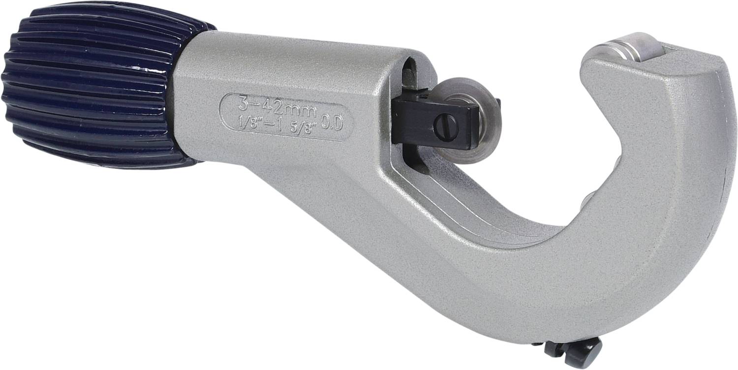 A silver pipe cutter with a black rotating handle, suitable for precise pipe cutting.