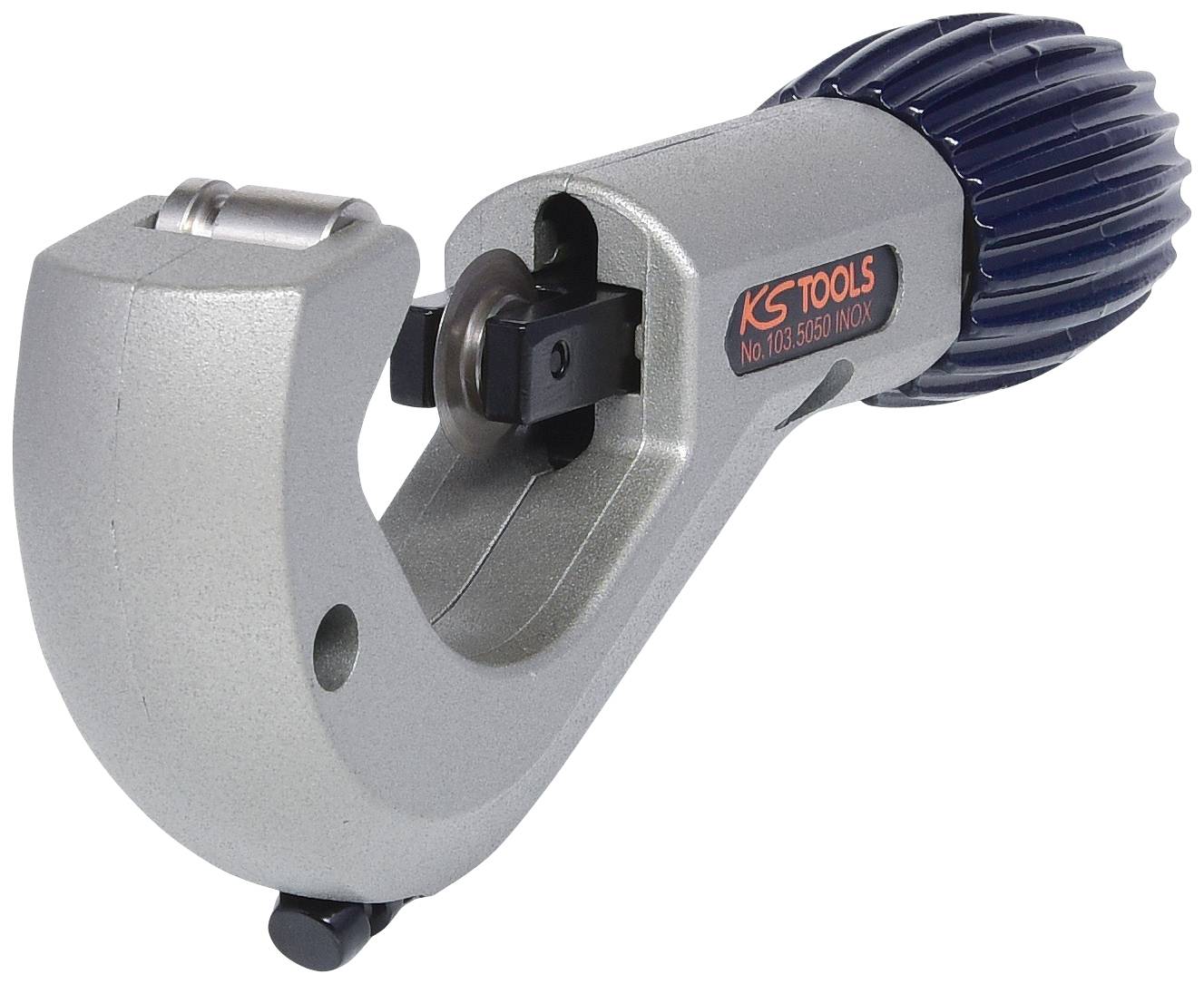 Metal tube cutter with rotary handle and cutting wheel, used for precise tube cutting. Product by KS Tools.