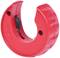 Red pipe cutting tool with curved handle and integrated cutting wheel, suitable for cutting copper pipes.