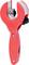 A red pipe cutter with a rotating handle and sharp blades, ideal for cutting copper or plastic pipes.