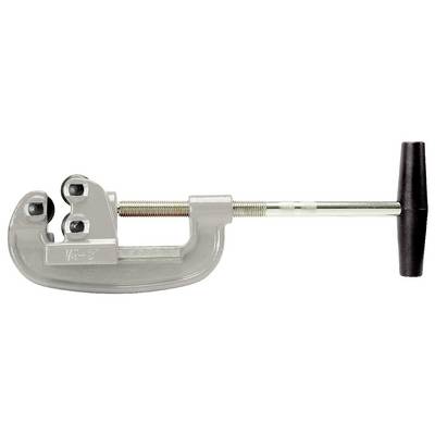A silver pipe cutter with a black handle. Two blades and a rotary mechanism for cutting pipes are visible.