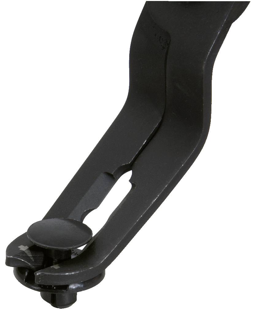 A black metal component with a clamp at one end, potentially a tool or fixing element.