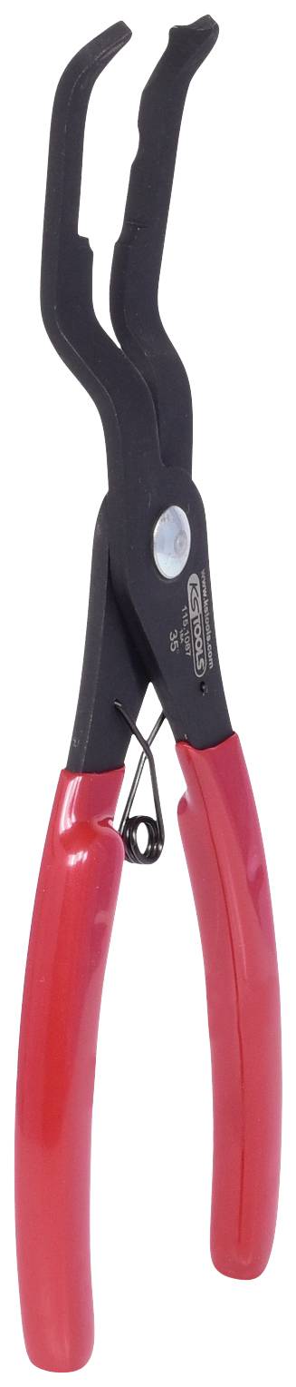 Pliers with black gripping jaws and red handles, suitable for specific workshop tasks. Perfect for use in confined spaces.