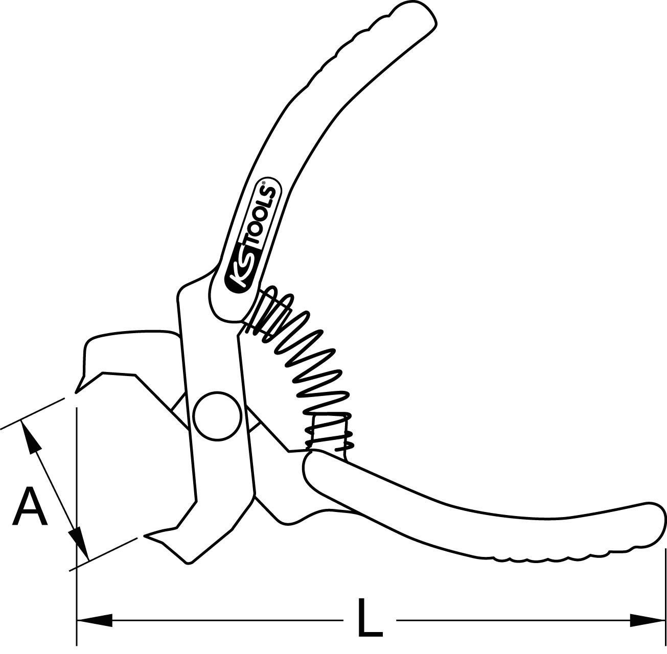 Image of a pair of pliers with curved handles and spring mechanism, dimensions: A (width of opening), L (length), 'KS Tools' brand visible.