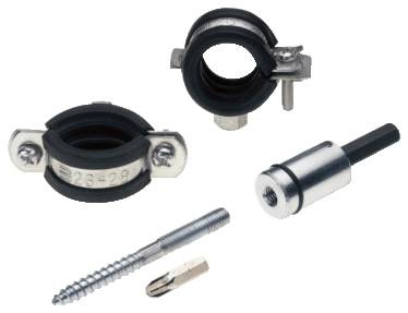 Pipe clips and fixing materials on a white background. Contains two black plastic pipe clips with metal components, screws and wall plugs.