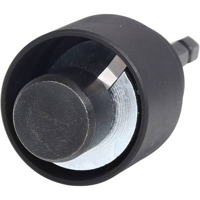 A black circular tool with a metal cylinder and a hexagonal holder, presumably a specialised tool for machinery.