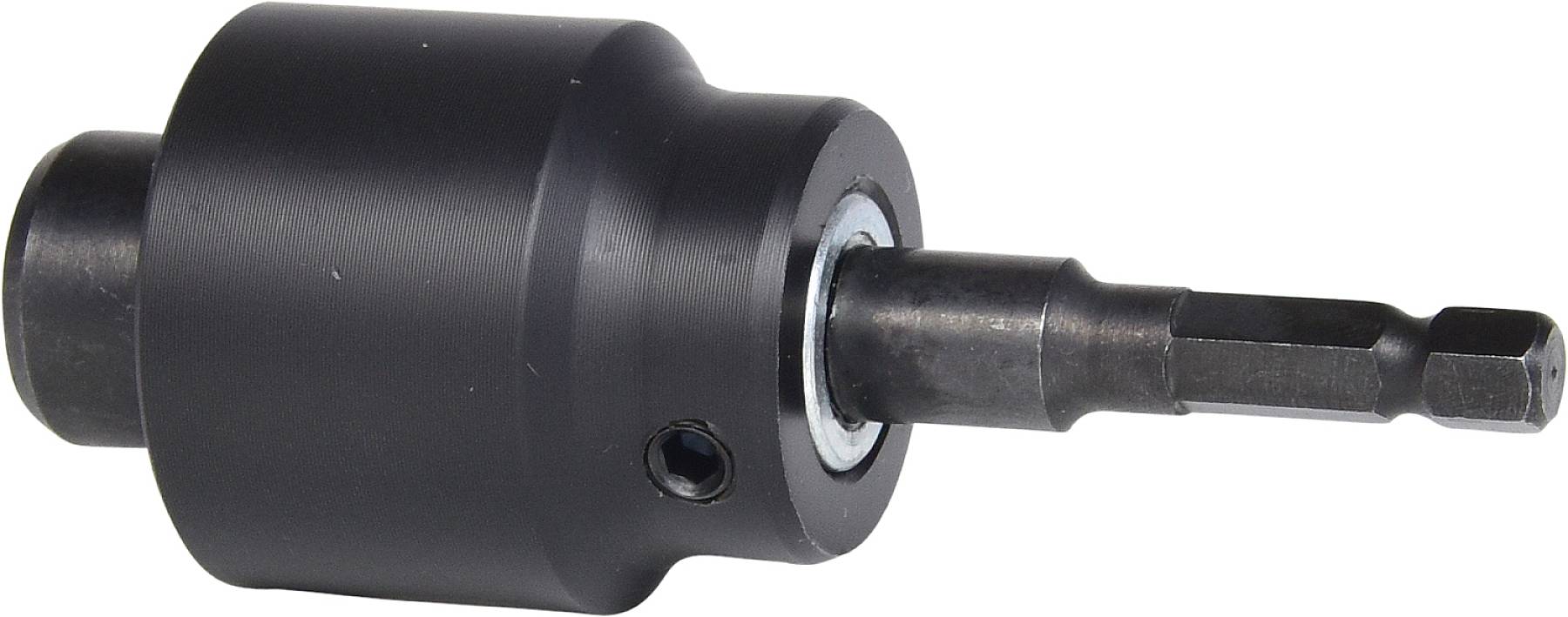 Black steel drill bit adapter with round housing and hexagonal shaft. Used for drills and screwdrivers.