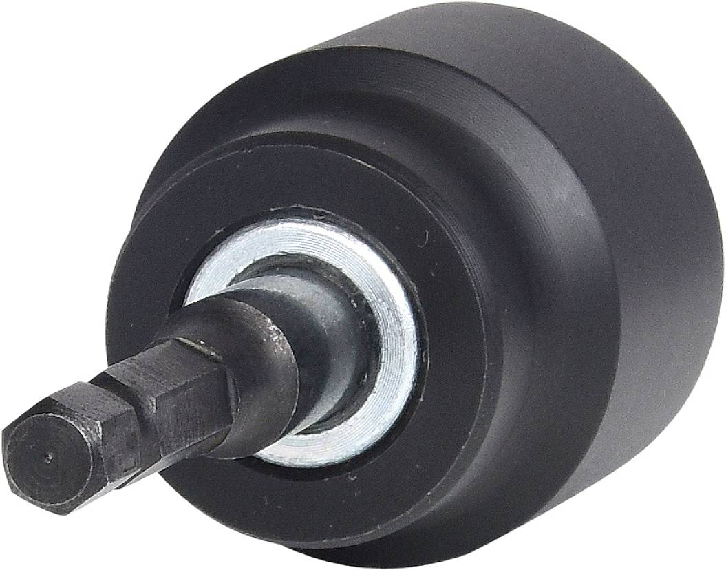 A black screwdriver bit attachment with a round housing, suitable for use with a power drill.