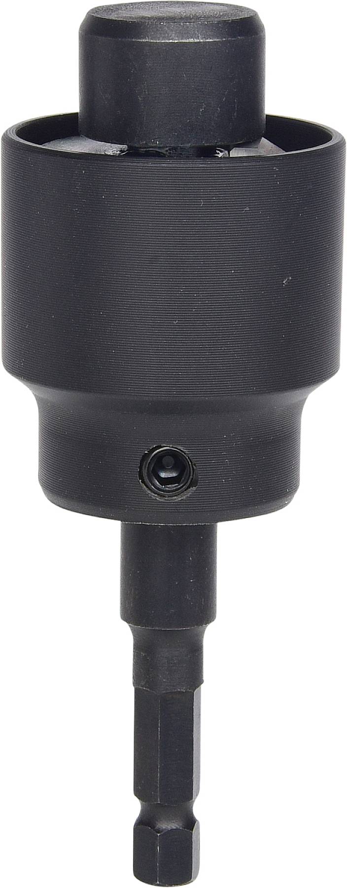 Black powder-coated socket adapter with hexagonal base, used for drills to tighten screws and nuts.
