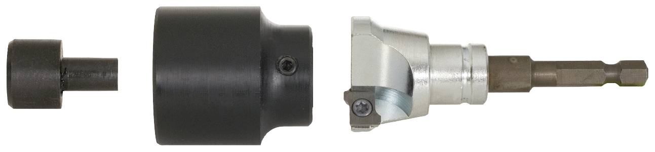 Metal drill head with removable attachments, consisting of a black rounded housing and silver connecting piece on a light background.