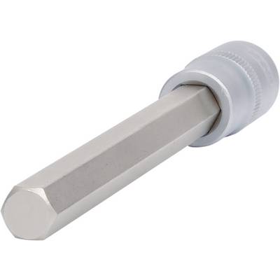 A silver, hexagonal metal socket key attachment for screws or nuts, with a round grip end.
