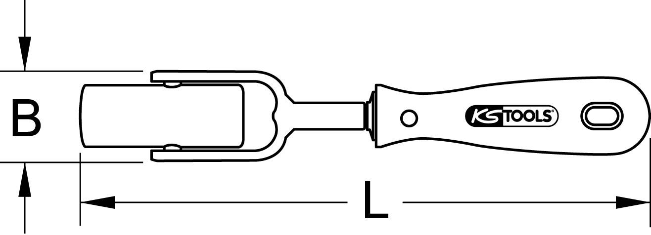 Drawing of a tool with 'KS Tools' logo, dimensions W and L are indicated on the left side and bottom.