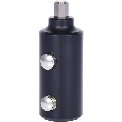 A black adapter with two silver press buttons on the side. At the top, there is a hexagonal metal plug.