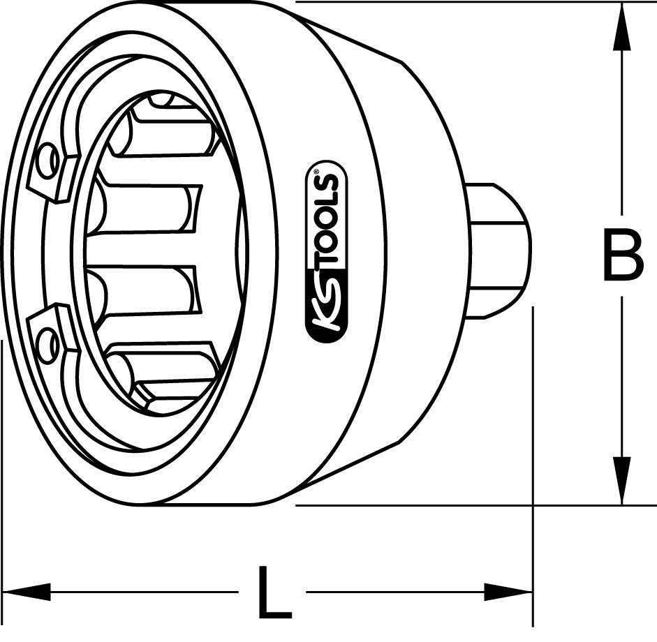 'KS Tools' marks socket tool with dimensions L and W; used for loosening or tightening screws and nuts.