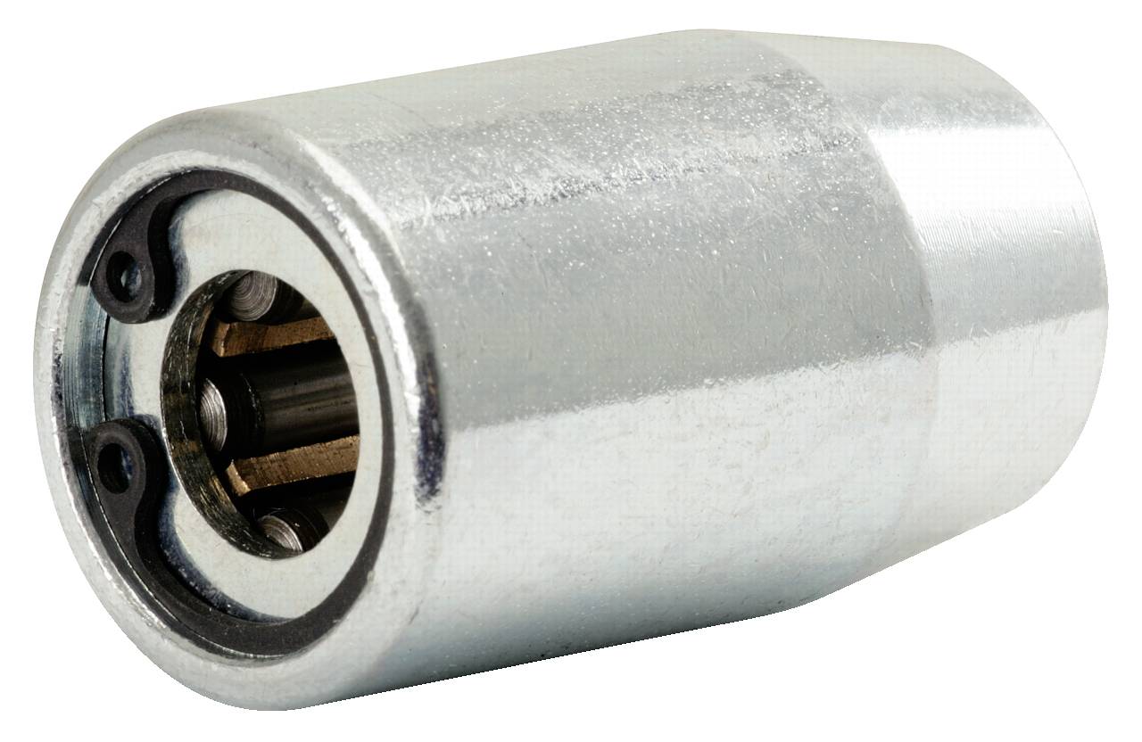 A cylindrical metal component with an open end fitted with screw eyes. It appears to be part of a mechanical or automotive system.