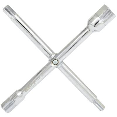 A four-way wheel brace with four different socket sizes for car tyre installation, shown against a white background.