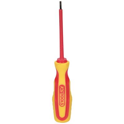 A small, yellow and red flathead screwdriver with an insulated handle, suitable for electrical installation work.