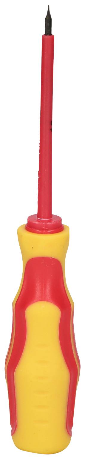 'A yellow-red screwdriver with an insulated handle and a narrow tip.'
