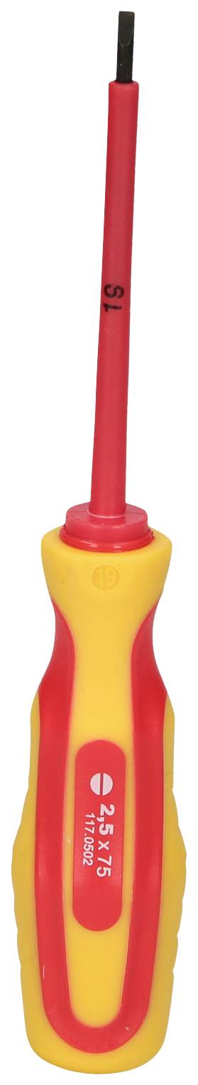 A yellow and red flathead screwdriver with an insulated handle, suitable for electrical work.