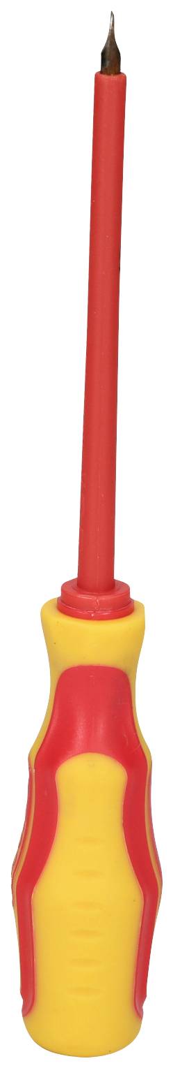 A red and yellow screwdriver with an insulated handle, suitable for work on electrical circuits.