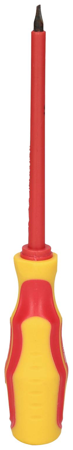 Insulated screwdriver with red and yellow handle, suitable for electrical work.
