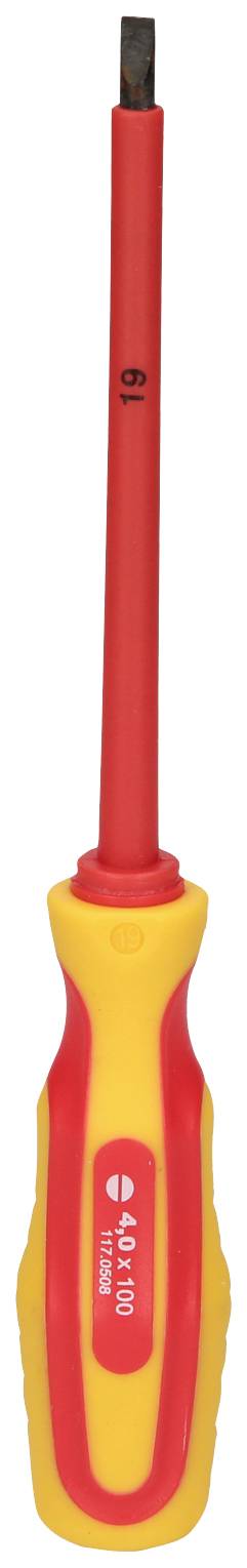 An insulated screwdriver with a red handle and yellow insulation, suitable for electrical work to protect against electric shocks.
