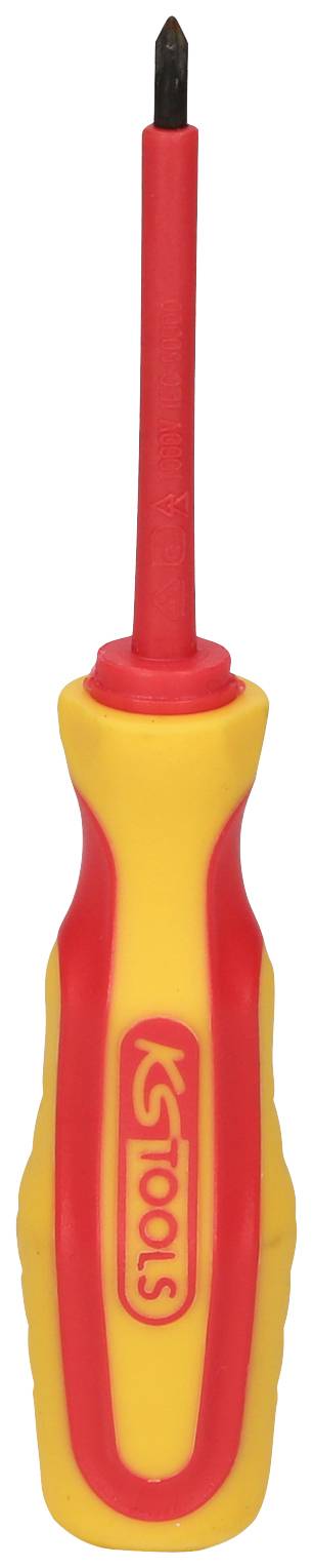 A red and yellow screwdriver with an insulated handle and a cross-head (Phillips) tip. Suitable for work on electrical equipment.