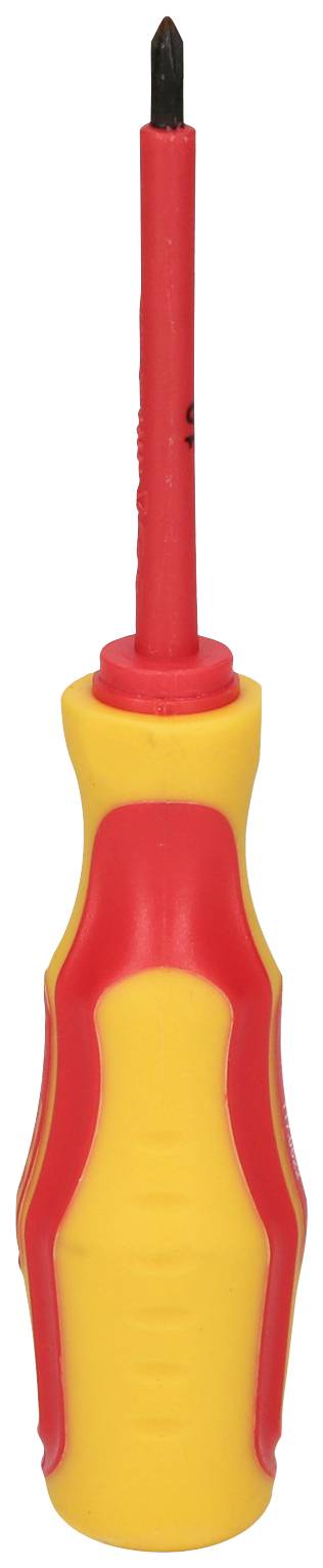 An isolated screwdriver with a yellow-red handle. Suitable for work on electrical devices to protect the user from electric shocks.