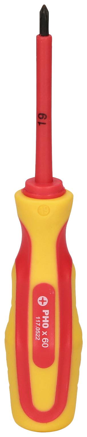 An isolated screwdriver with a red and yellow handle, suitable for electrical work and fitted with a Phillips head bit.