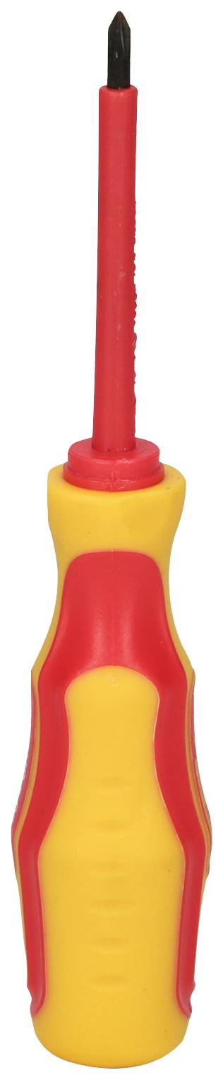 A screwdriver with a red handle and yellow accent, with a pointed tip, positioned vertically.