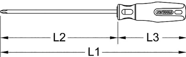 Diagram of a screwdriver with dimensions: total length L1, shaft length L2, handle length L3, marked for better comprehensibility.