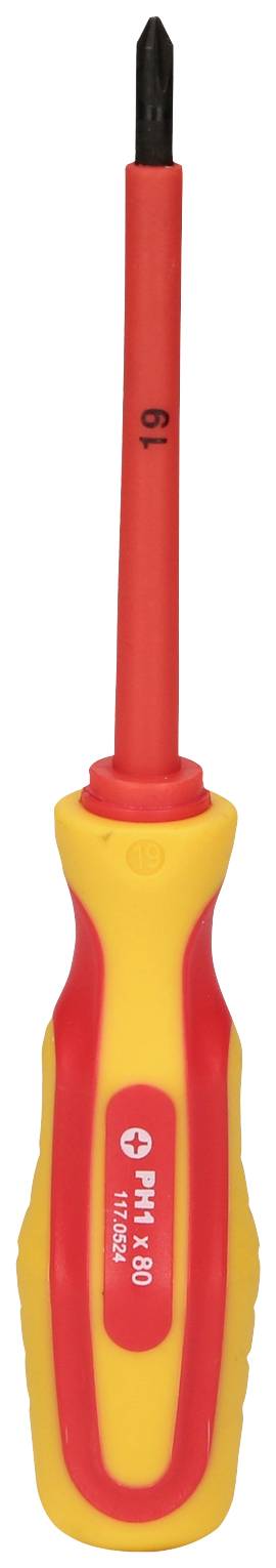 An isolated screwdriver with a yellow and red handle.