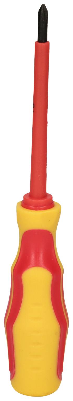 A yellow and red screwdriver with an insulated handle and a black cross-head (Phillips) tip; suitable for electrical work.