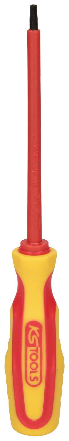 Insulated screwdriver with a yellow handle and red tip, suitable for electrical work.