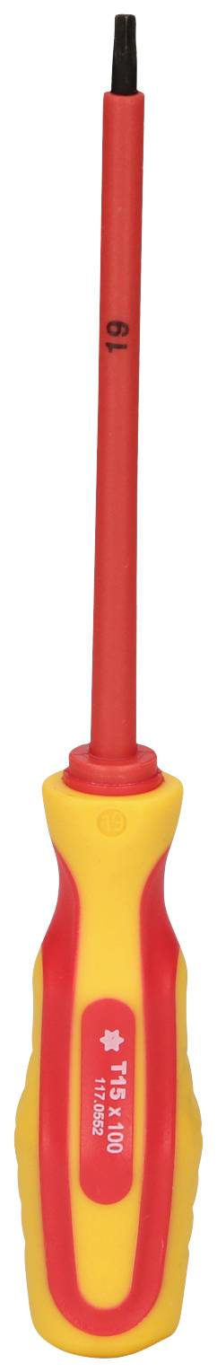 An isolated screwdriver with a red handle and yellow accent, suitable for safe work on electrical equipment.