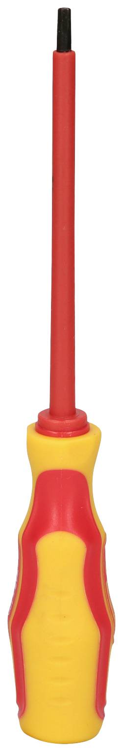 An isolated screwdriver with a red handle and yellow coating, suitable for electrical work.
