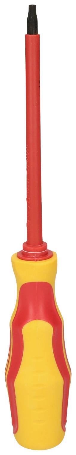 A red and yellow screwdriver with an insulated handle and long tip, suitable for work on electrical equipment.