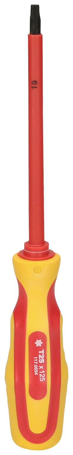 An insulated screwdriver with a red and yellow handle and a black tip. Suitable for electrical work.