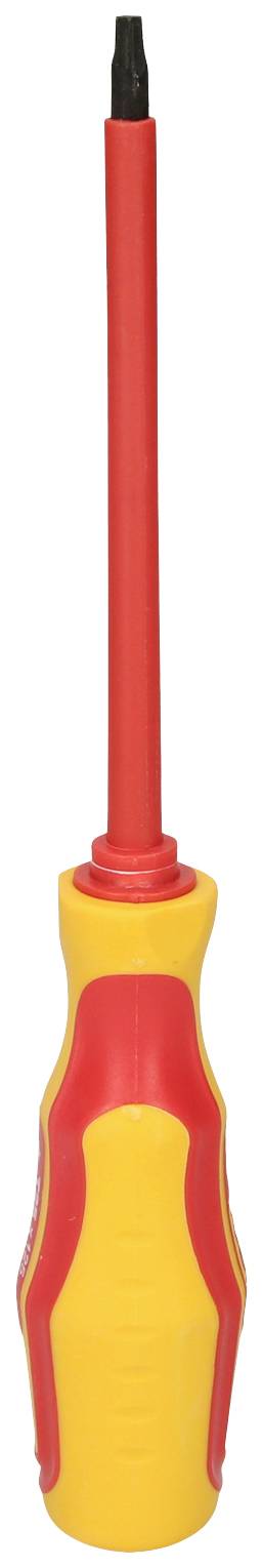 An isolated screwdriver with a red handle and yellow shaft, suitable for electrical work, is lying on a white surface.