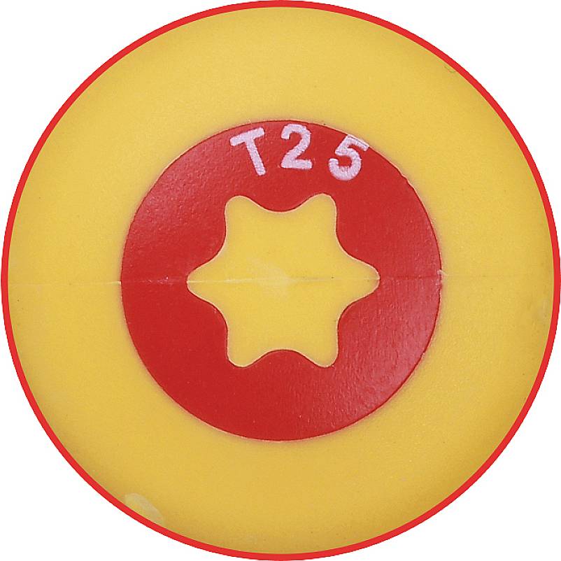 Yellow and red torque bit with 'T25' inscription, six-pointed star shape in the middle, tool part visible.