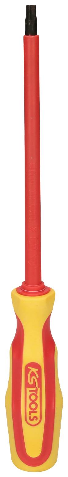 An isolated screwdriver with a red handle and yellow accent, suitable for work on electrical devices.