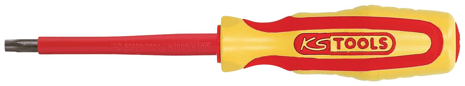 Slotted screwdriver with insulated handle, red and yellow colouring, brand 'KS Tools'. Suitable for electrical work.